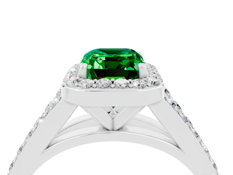 White gold Emerald Cut Emerald Split Shank Halo Ring with Four-Prong Setting_16
