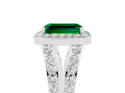 White gold Emerald Cut Emerald Split Shank Halo Ring with Four-Prong Setting_17
