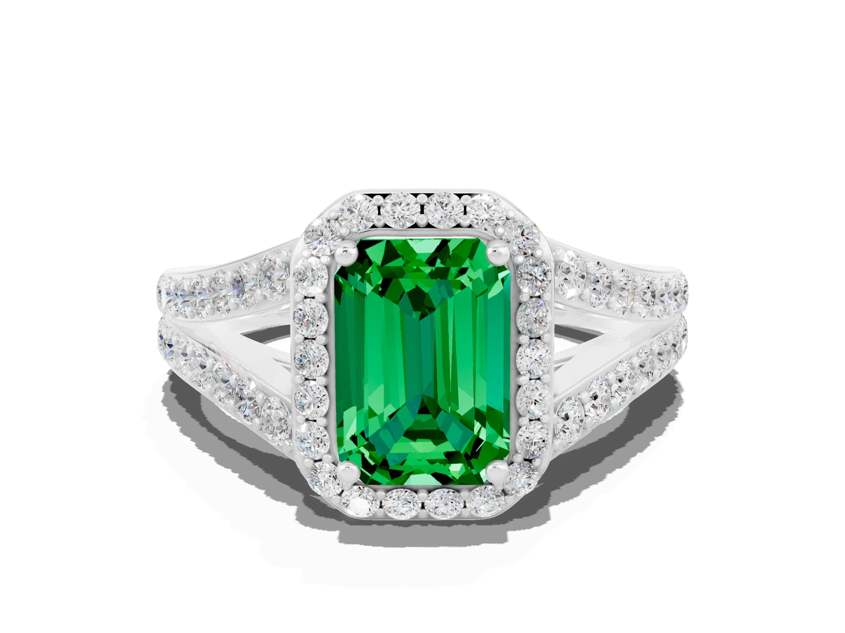 White gold Emerald Cut Emerald Split Shank Halo Ring with Four-Prong Setting_24