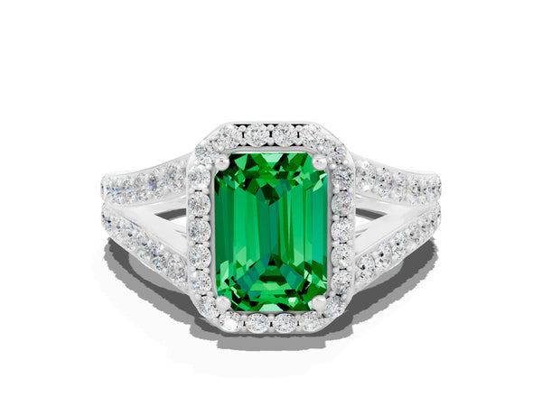 White gold Emerald Cut Emerald Split Shank Halo Ring with Four-Prong Setting