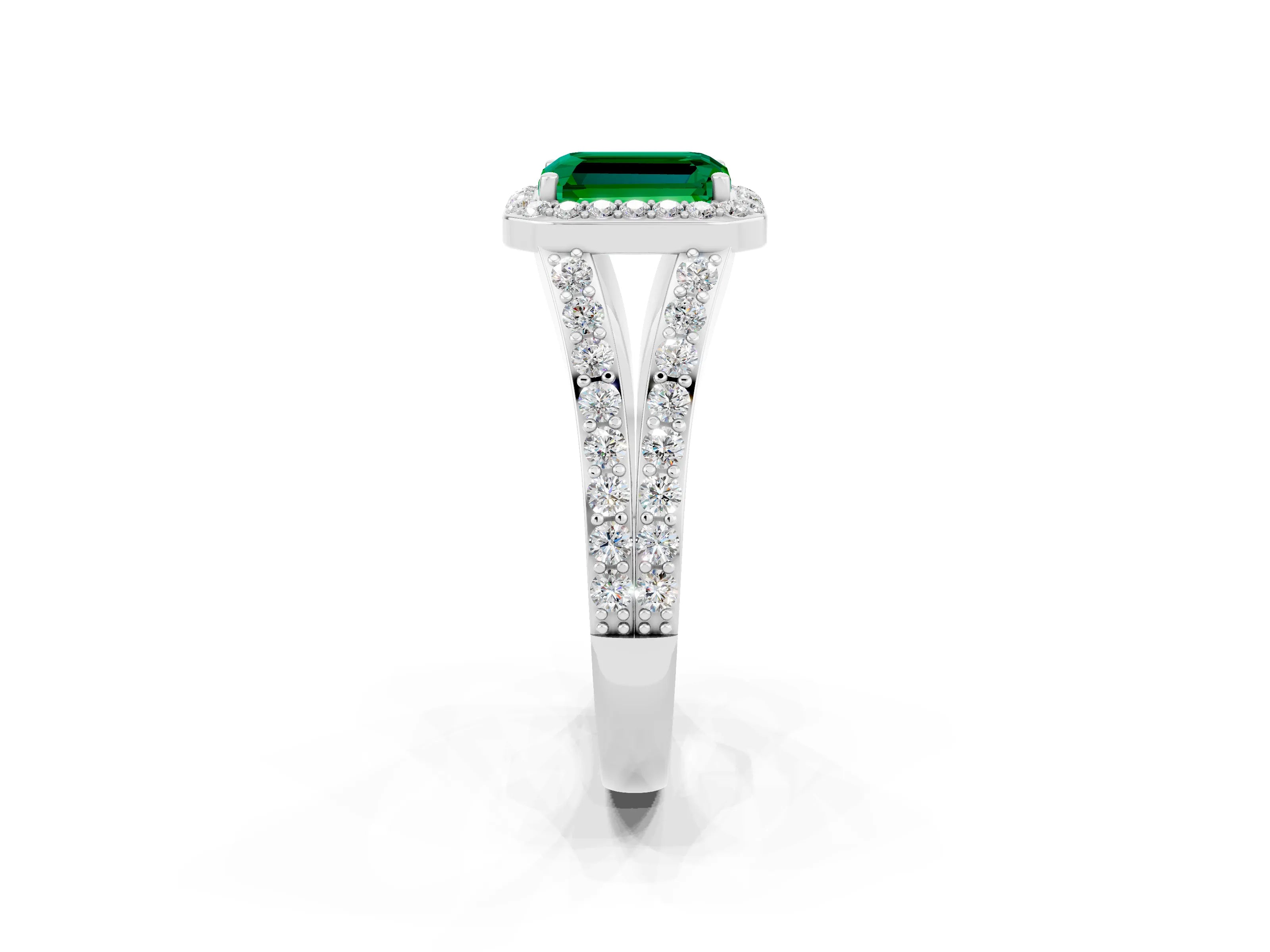 White gold Emerald Cut Emerald Split Shank Halo Ring with Four-Prong Setting_26