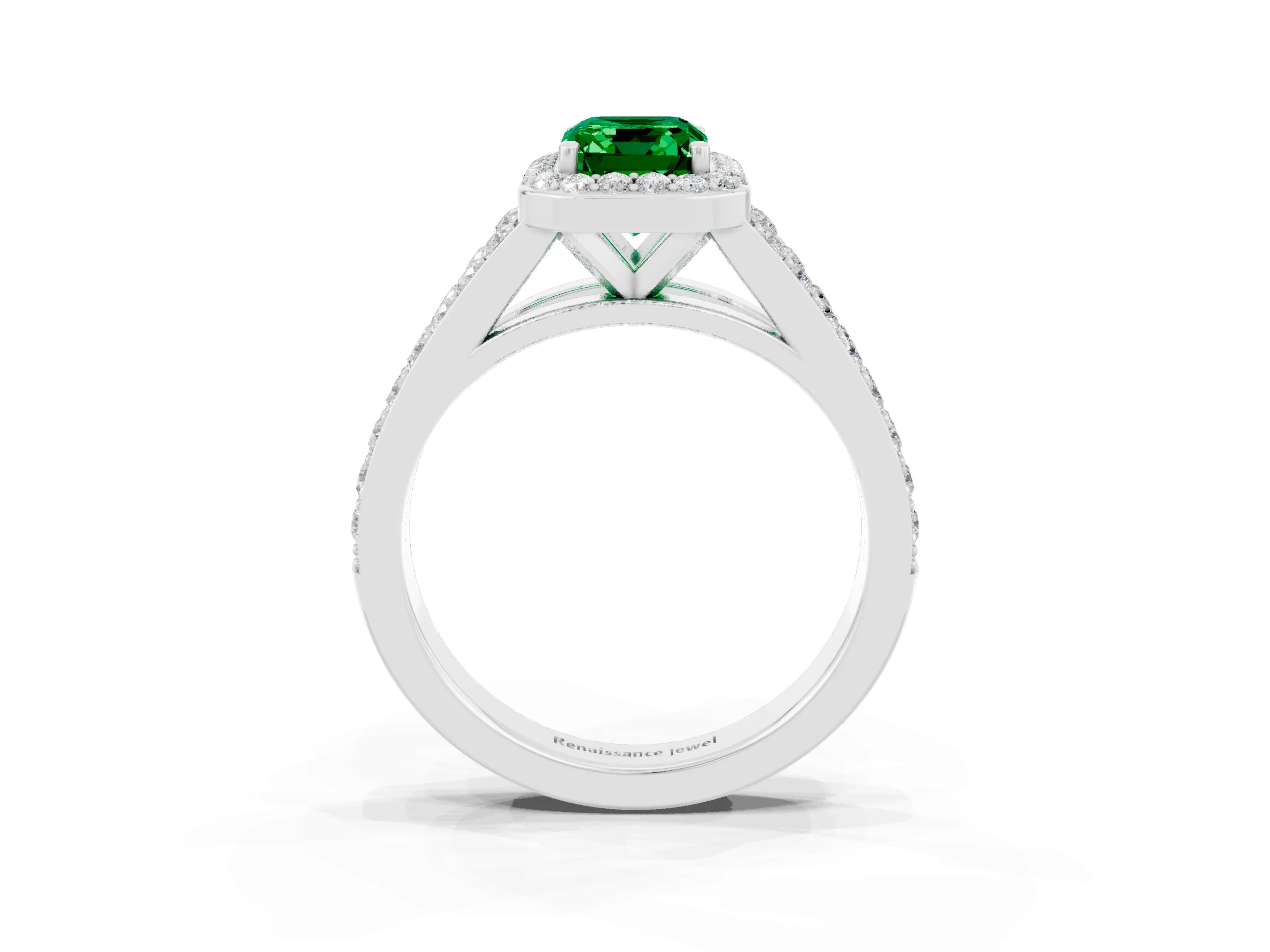 White gold Emerald Cut Emerald Split Shank Halo Ring with Four-Prong Setting_27