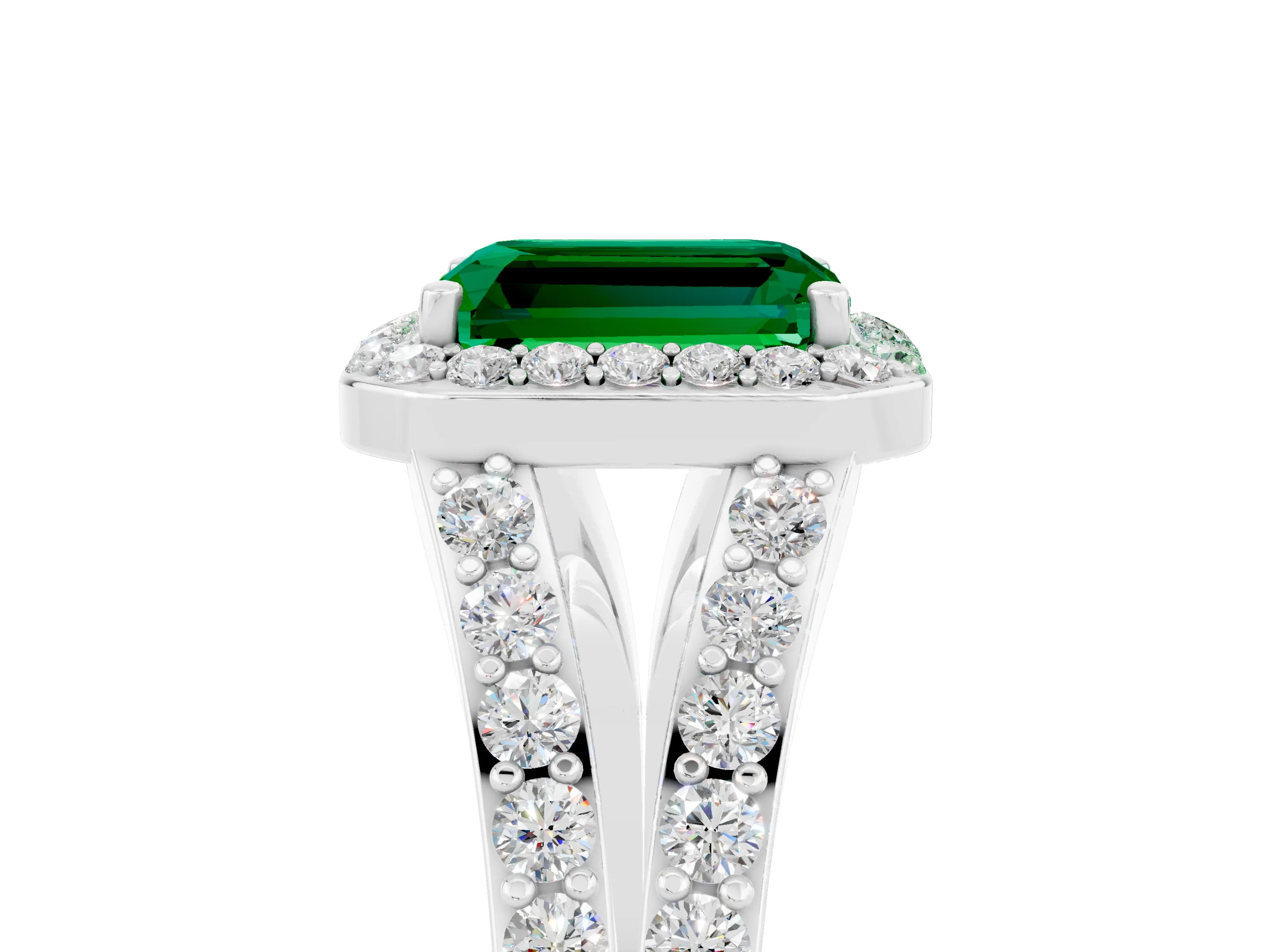 White gold Emerald Cut Emerald Split Shank Halo Ring with Four-Prong Setting_29