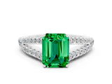 14K White Gold Emerald Split Shank Pavé Engagement Ring with Four-Prong Setting
