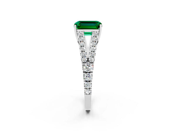 14K White Gold Emerald Split Shank Pavé Engagement Ring with Four-Prong Setting