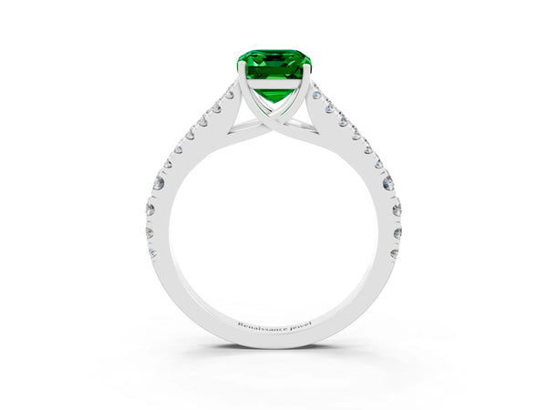 14K White Gold Emerald Split Shank Pavé Engagement Ring with Four-Prong Setting