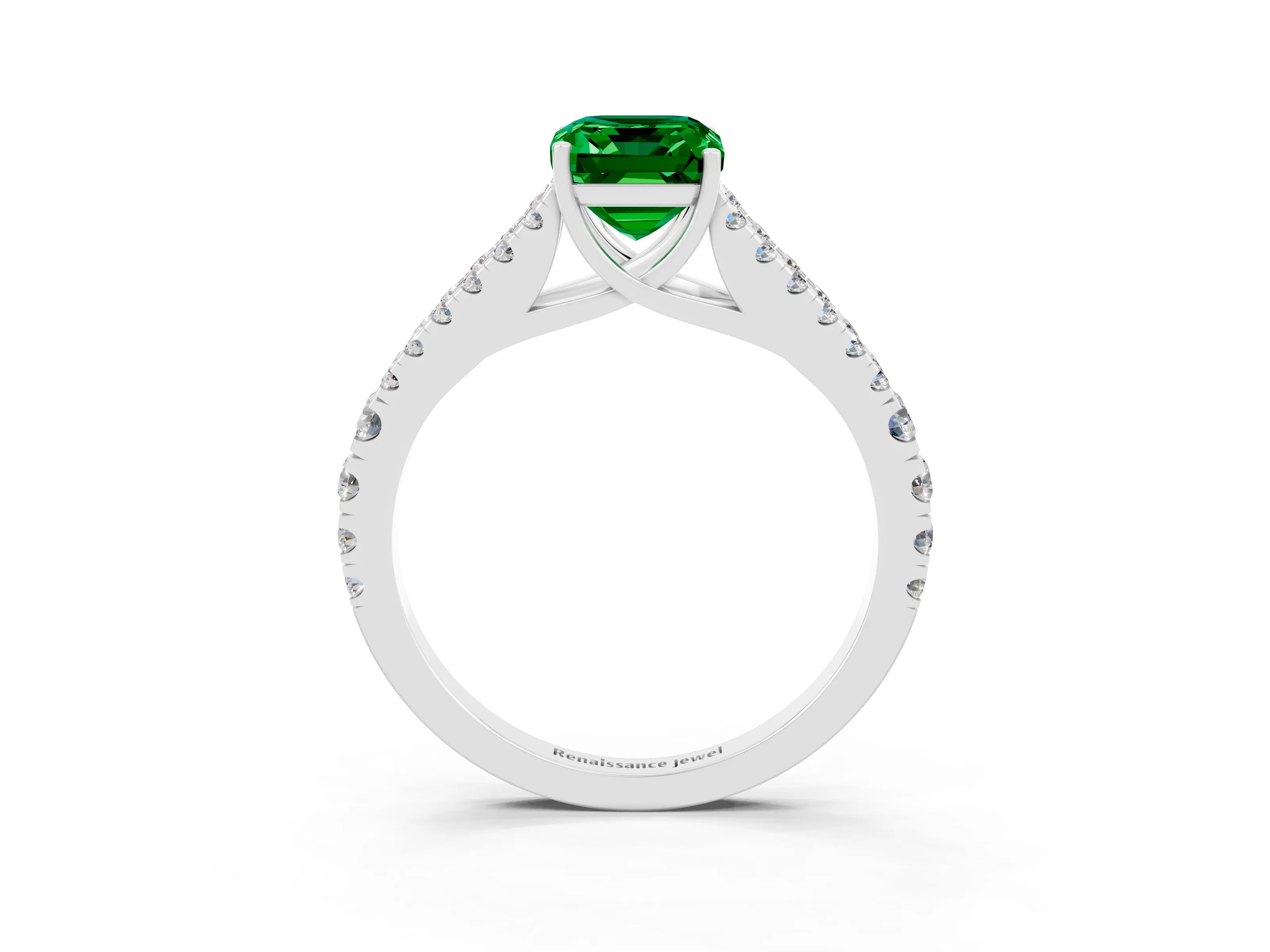 White gold Emerald Cut Emerald Split Shank Pavé Engagement Ring with Four-Prong Setting_15