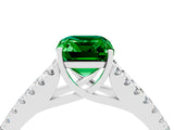 14K White Gold Emerald Split Shank Pavé Engagement Ring with Four-Prong Setting