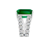 14K White Gold Emerald Split Shank Pavé Engagement Ring with Four-Prong Setting