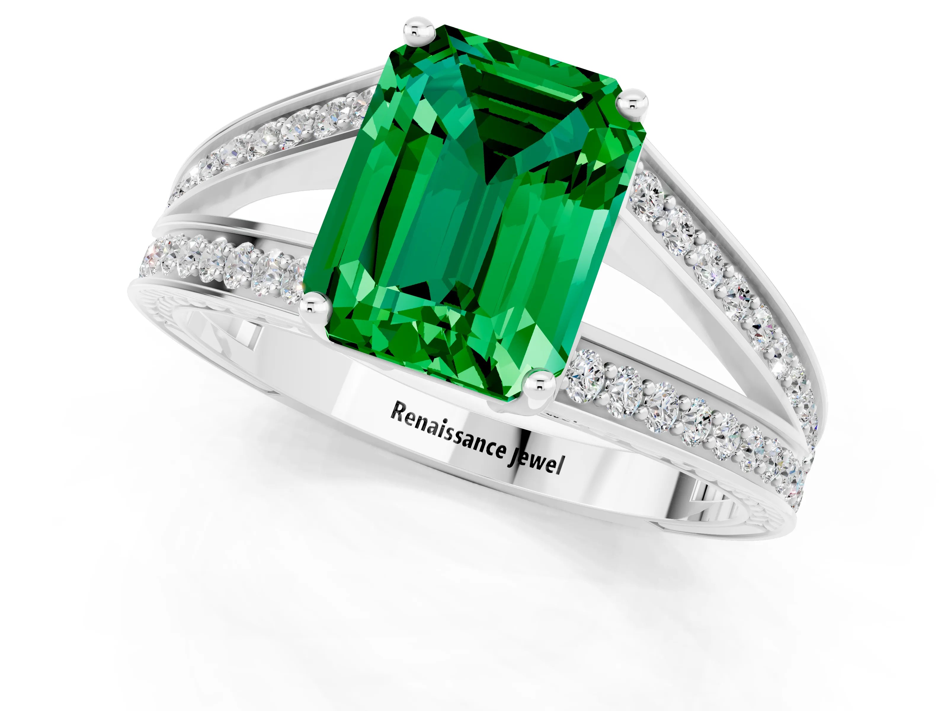 White gold Emerald Cut Emerald Split Shank Ring with Pavé Band and Four-Prong Setting_1