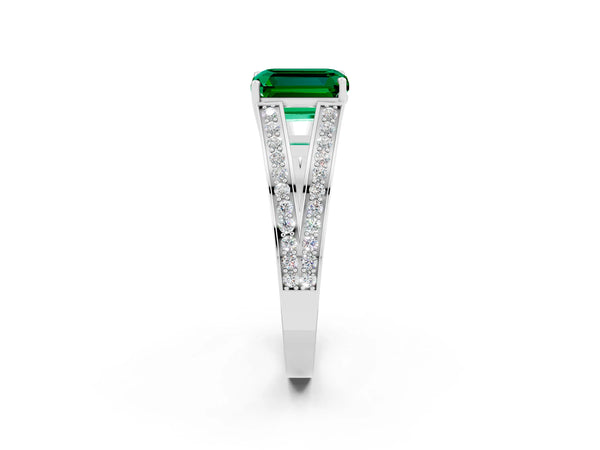 Platinum Emerald Cut Emerald Split Shank Ring with Pavé Band and Four-Prong Setting