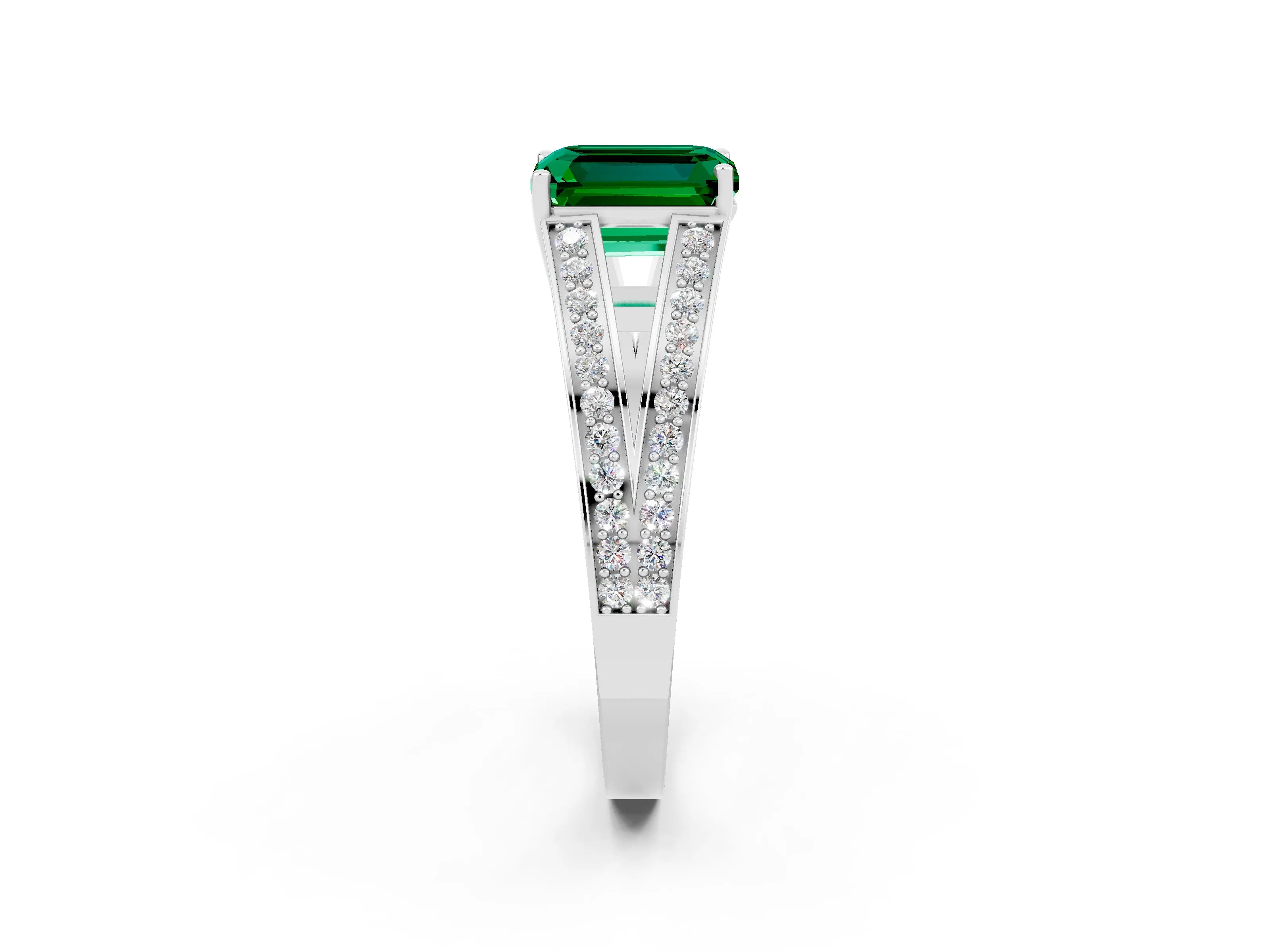 White gold Emerald Cut Emerald Split Shank Ring with Pavé Band and Four-Prong Setting_2