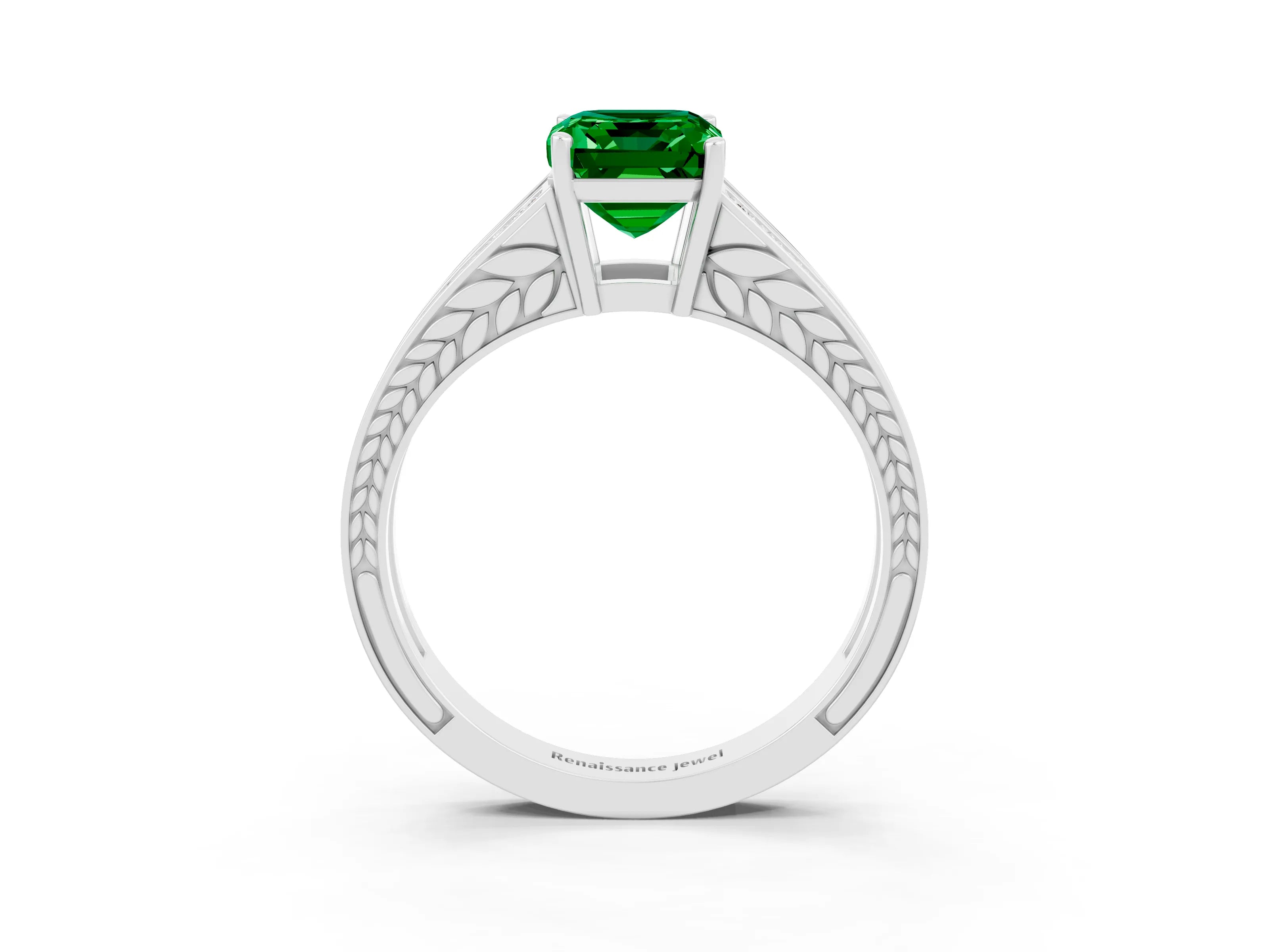 White gold Emerald Cut Emerald Split Shank Ring with Pavé Band and Four-Prong Setting_3