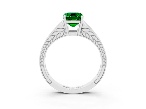 White gold Emerald Cut Emerald Split Shank Ring with Pavé Band and Four-Prong Setting_3