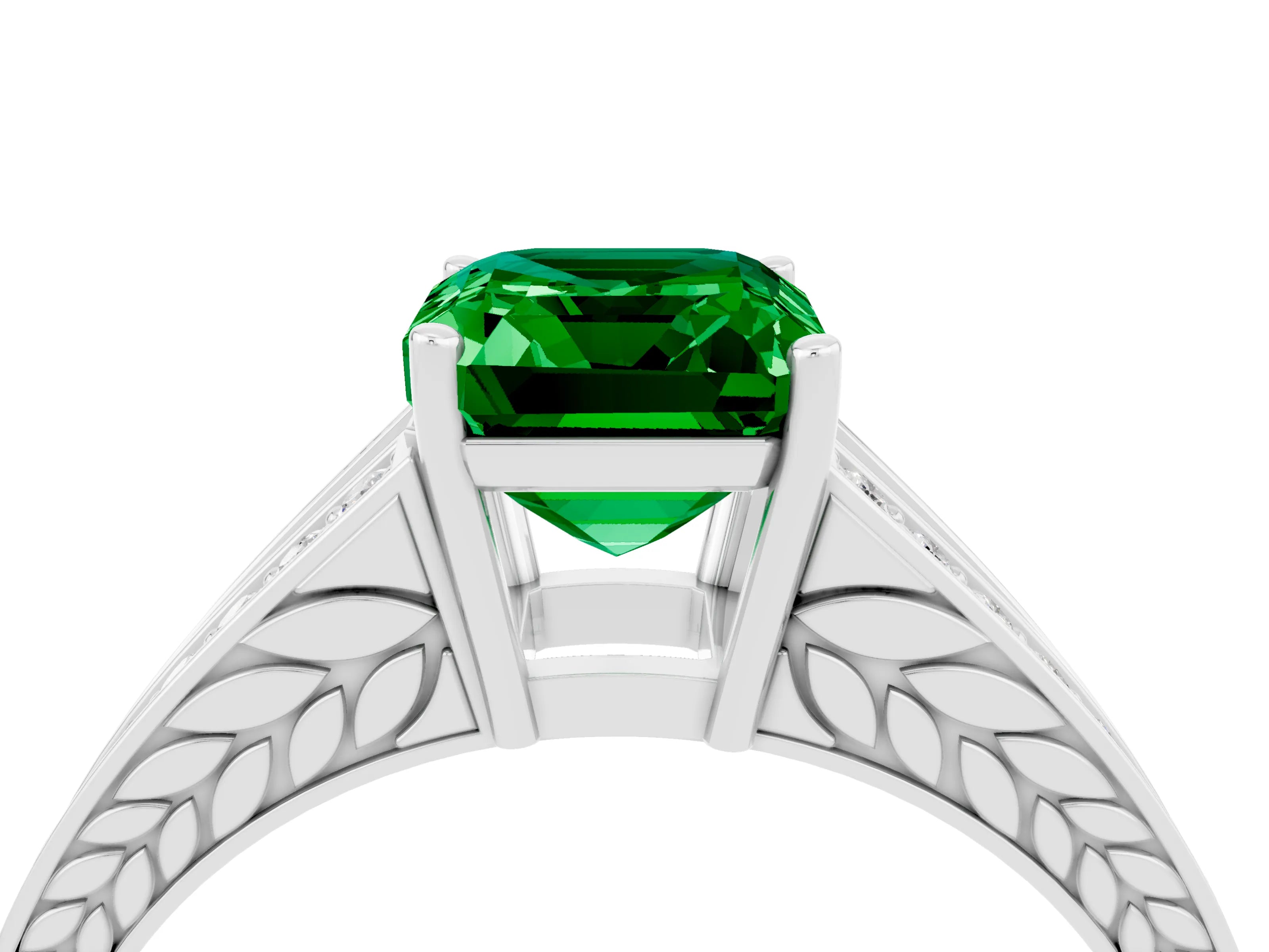 White gold Emerald Cut Emerald Split Shank Ring with Pavé Band and Four-Prong Setting_4