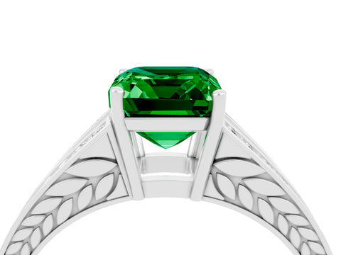 White gold Emerald Cut Emerald Split Shank Ring with Pavé Band and Four-Prong Setting_4