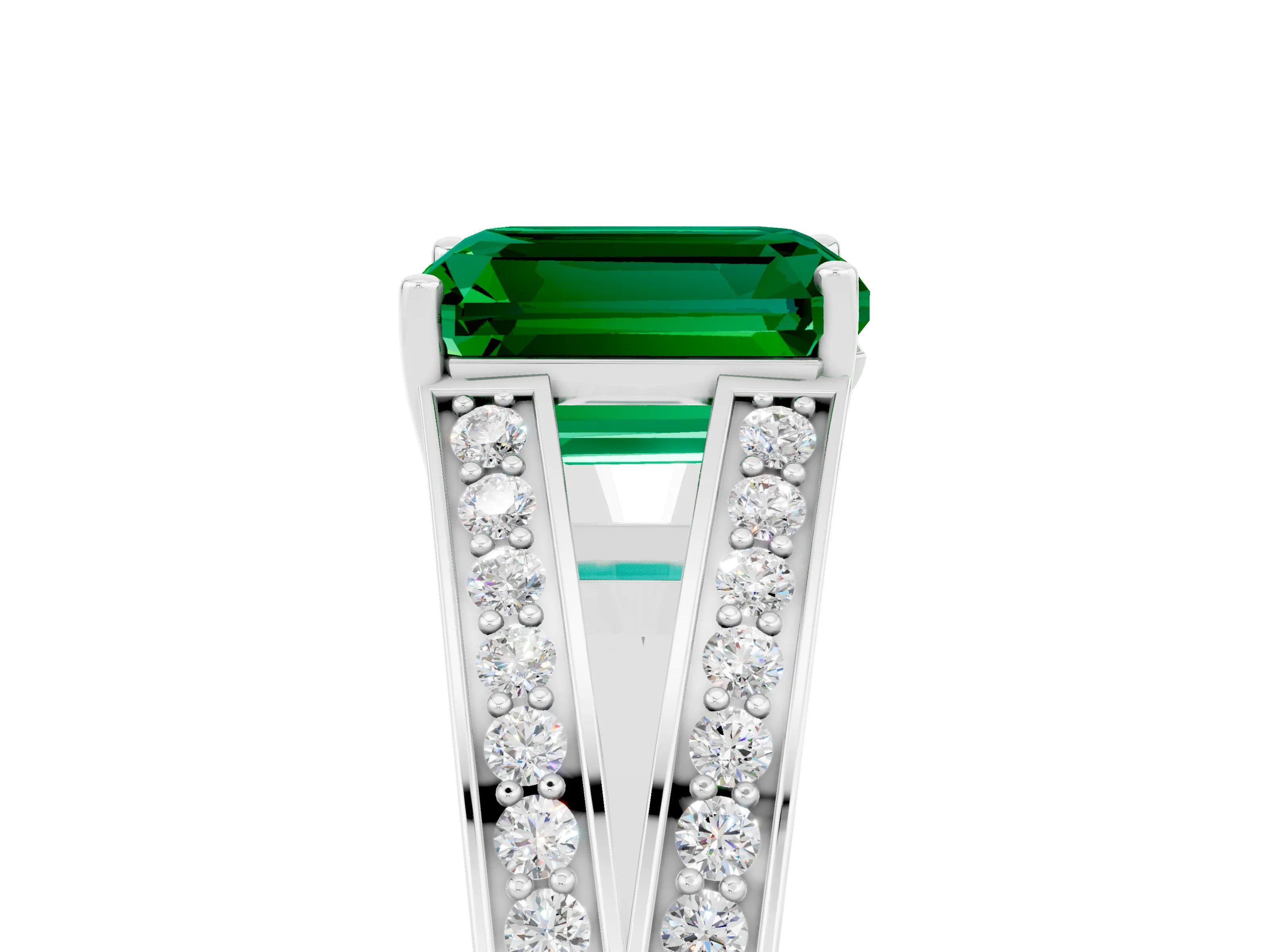 White gold Emerald Cut Emerald Split Shank Ring with Pavé Band and Four-Prong Setting_5