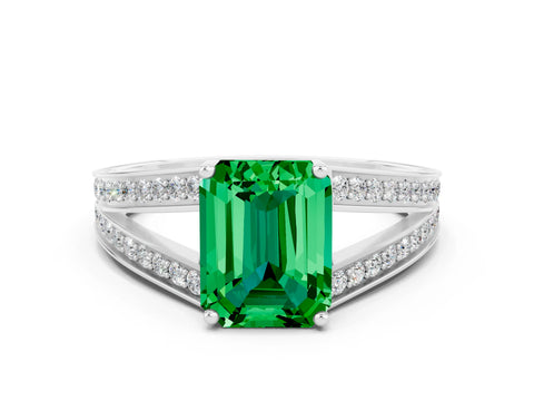 White gold Emerald Cut Emerald Split Shank Ring with Pavé Band and Four-Prong Setting