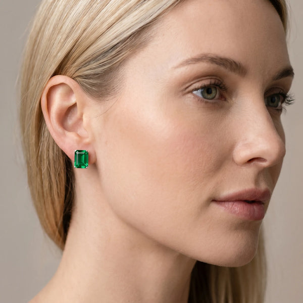 Platinum Emerald Cut Emerald Stud Earrings