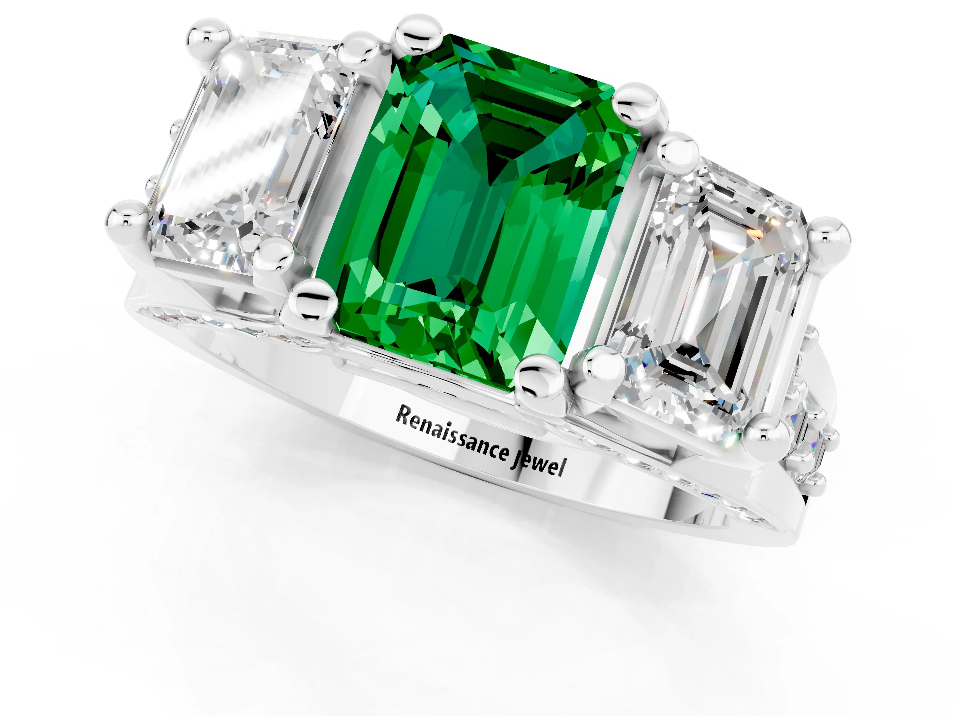 White gold Emerald Cut Emerald Three-Stone Ring with Channel Set Band and Four-Prong Setting_1