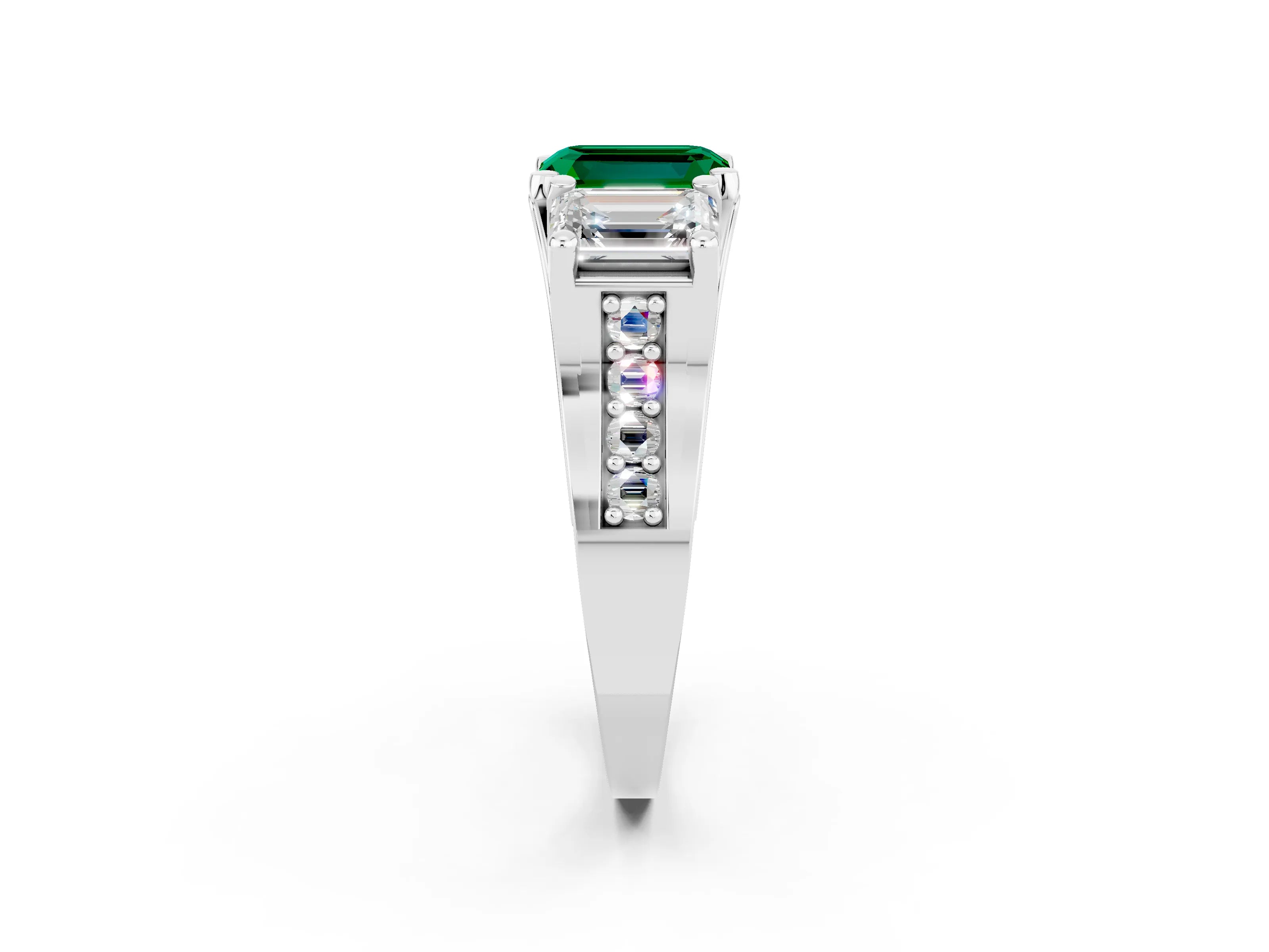 White gold Emerald Cut Emerald Three-Stone Ring with Channel Set Band and Four-Prong Setting_2