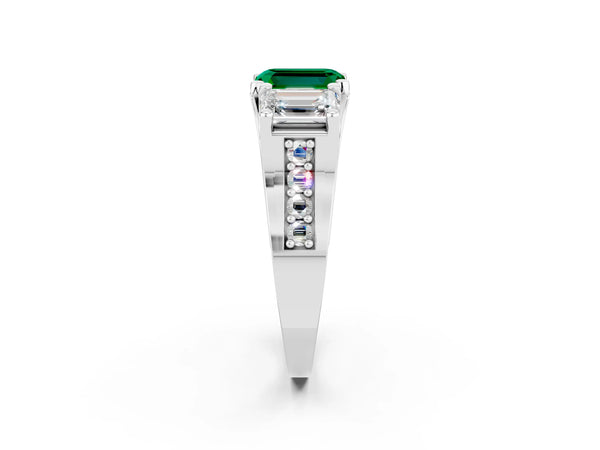 Platinum Emerald Cut Emerald Three-Stone Ring with Channel Set Band and Four-Prong Setting