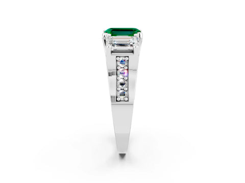White gold Emerald Cut Emerald Three-Stone Ring with Channel Set Band and Four-Prong Setting_2
