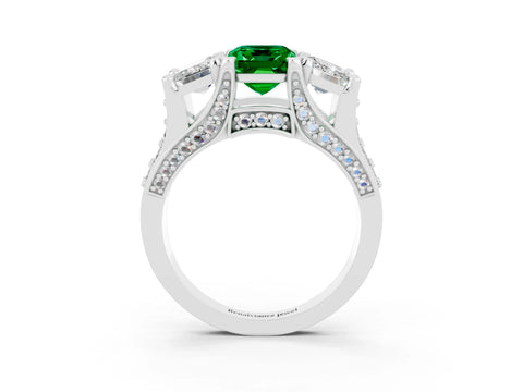 White gold Emerald Cut Emerald Three-Stone Ring with Channel Set Band and Four-Prong Setting_3
