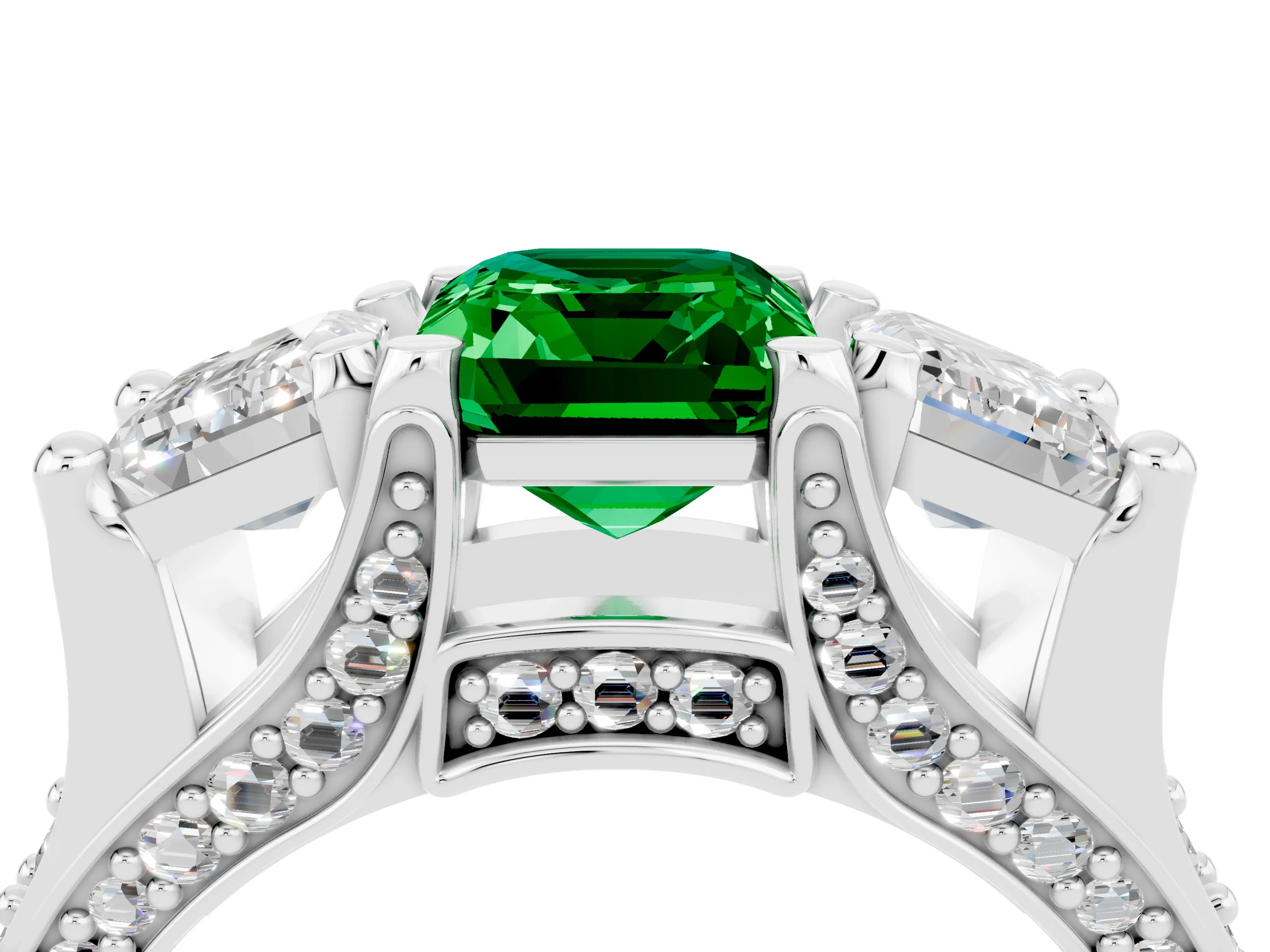 White gold Emerald Cut Emerald Three-Stone Ring with Channel Set Band and Four-Prong Setting_4