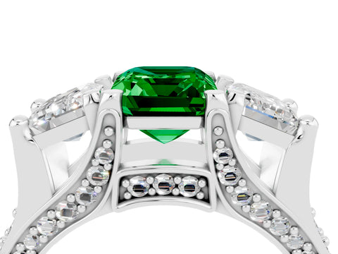 White gold Emerald Cut Emerald Three-Stone Ring with Channel Set Band and Four-Prong Setting_4