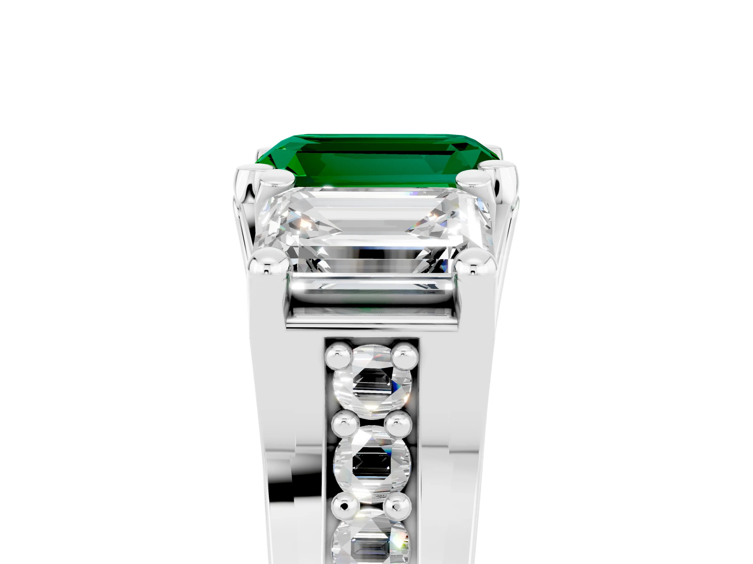 White gold Emerald Cut Emerald Three-Stone Ring with Channel Set Band and Four-Prong Setting_5
