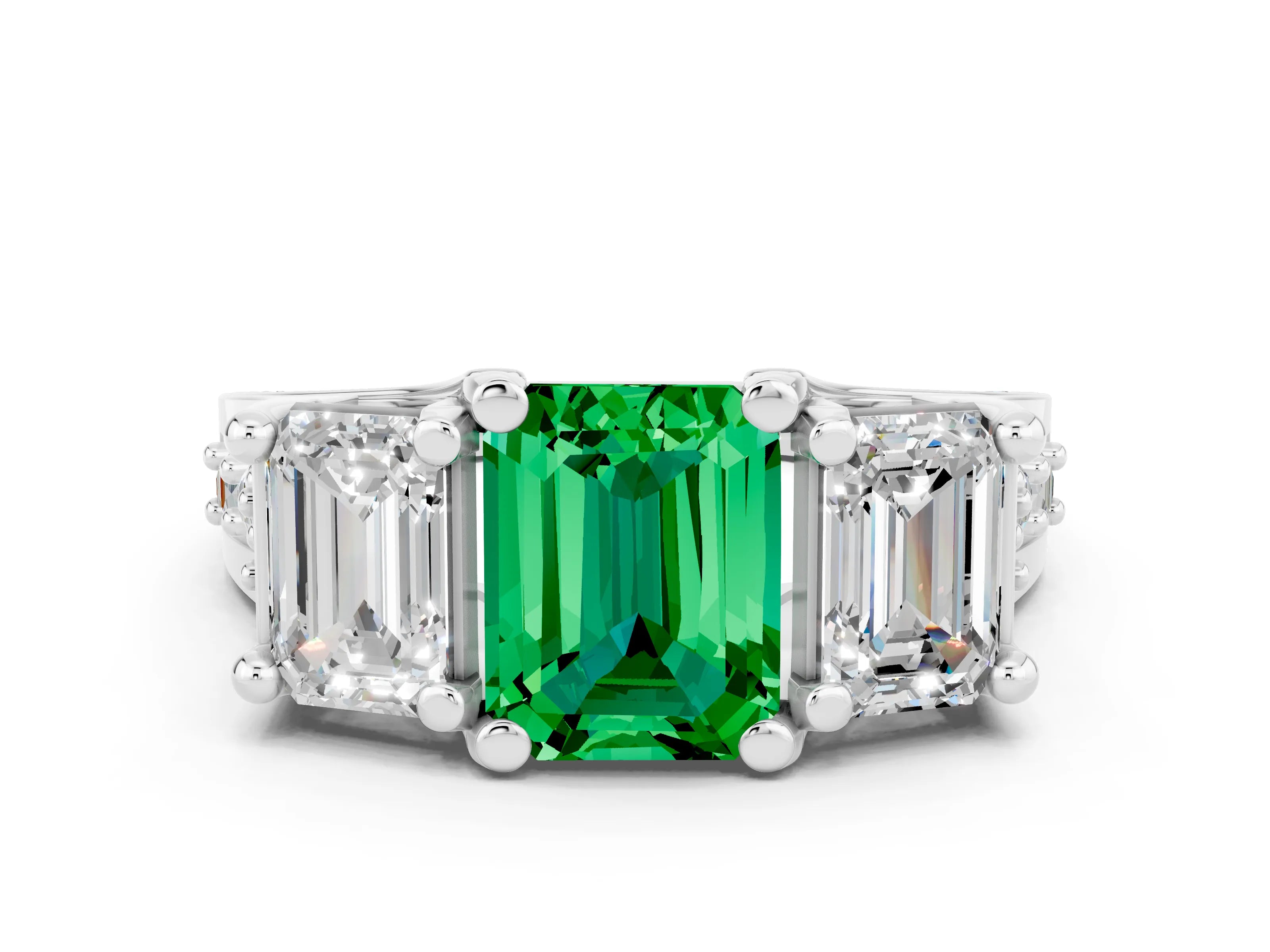 White gold Emerald Cut Emerald Three-Stone Ring with Channel Set Band and Four-Prong Setting