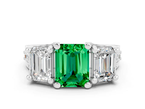White gold Emerald Cut Emerald Three-Stone Ring with Channel Set Band and Four-Prong Setting