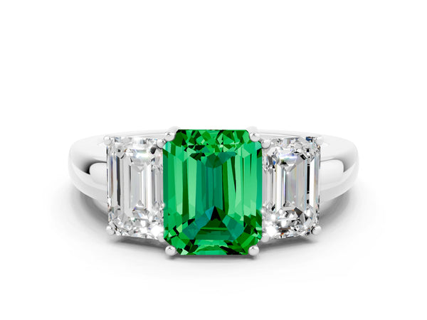 Platinum Emerald Cut Emerald Three-Stone Ring with Four-Prong Setting and Classic Band