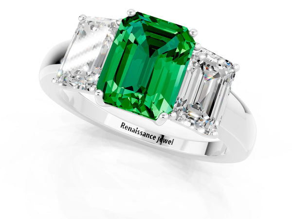 Platinum Emerald Cut Emerald Three-Stone Ring with Four-Prong Setting and Classic Band