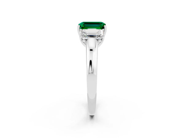 Silver Emerald Cut Emerald Three-Stone Ring with Four-Prong Setting and Classic Band