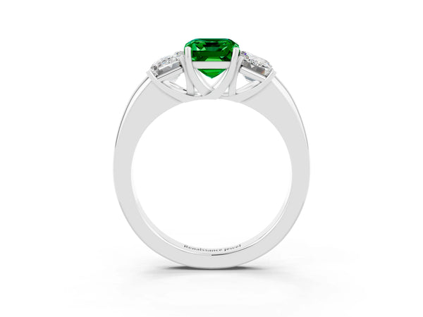 White gold Emerald Cut Emerald Three-Stone Ring with Four-Prong Setting and Classic Band