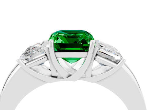 White gold Emerald Cut Emerald Three-Stone Ring with Four-Prong Setting and Classic Band_4
