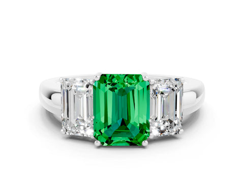 White gold Emerald Cut Emerald Three-Stone Ring with Four-Prong Setting and Classic Band