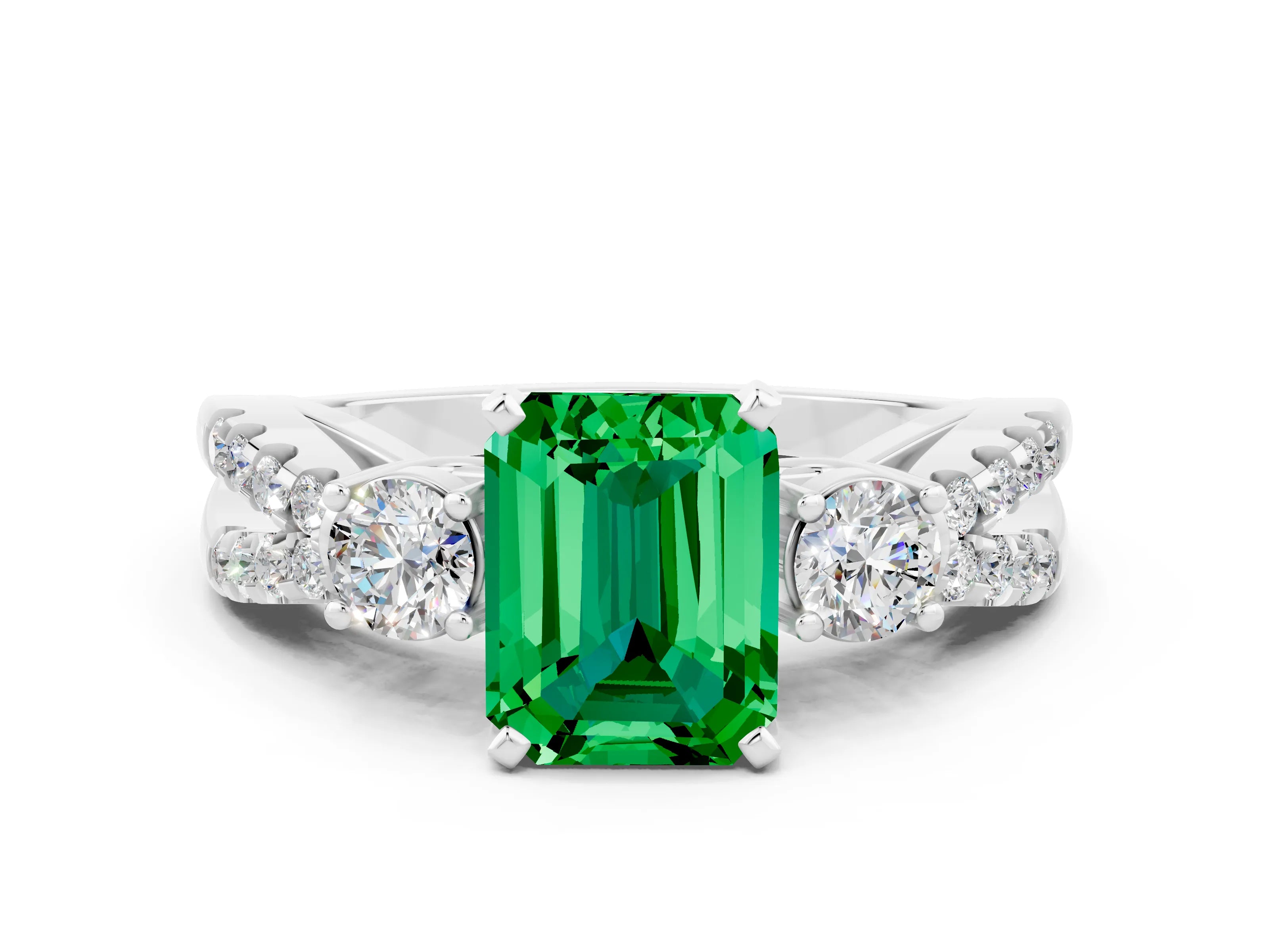 White gold Emerald Cut Emerald Three-Stone Ring with Pavé Split Shank and Four-Prong Setting