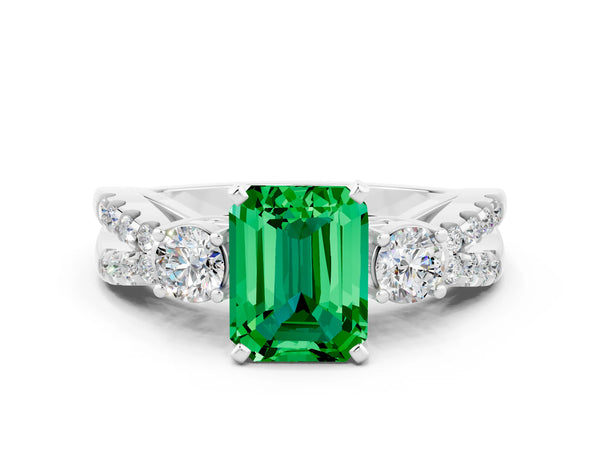 Platinum Emerald Cut Emerald Three-Stone Ring with Pavé Split Shank and Four-Prong Setting
