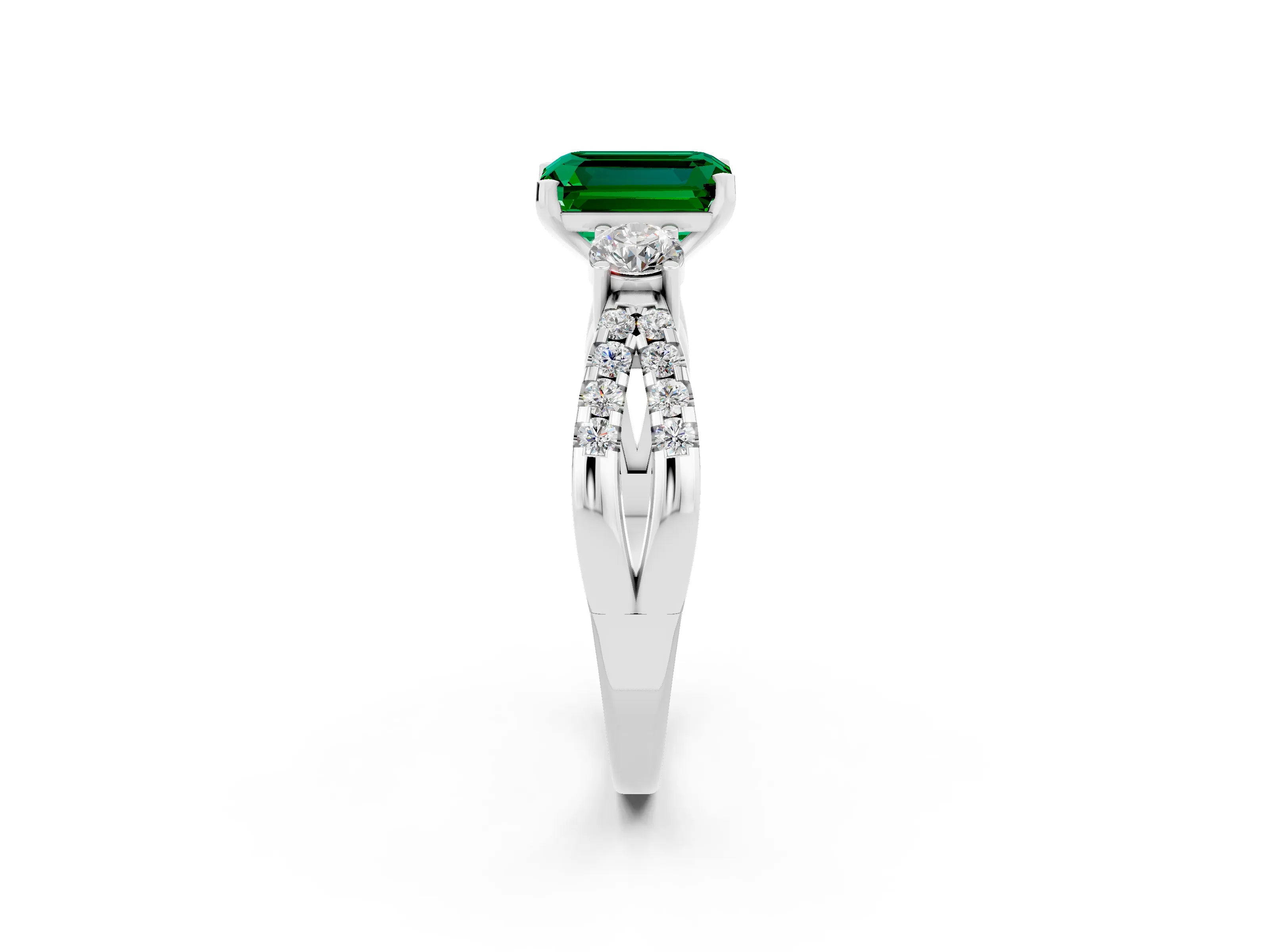 White gold Emerald Cut Emerald Three-Stone Ring with Pavé Split Shank and Four-Prong Setting_2