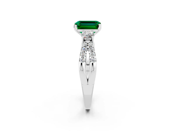 Silver Emerald Cut Emerald Three-Stone Ring with Pavé Split Shank and Four-Prong Setting
