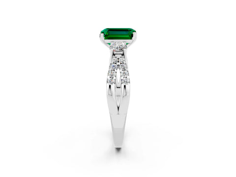 White gold Emerald Cut Emerald Three-Stone Ring with Pavé Split Shank and Four-Prong Setting_2