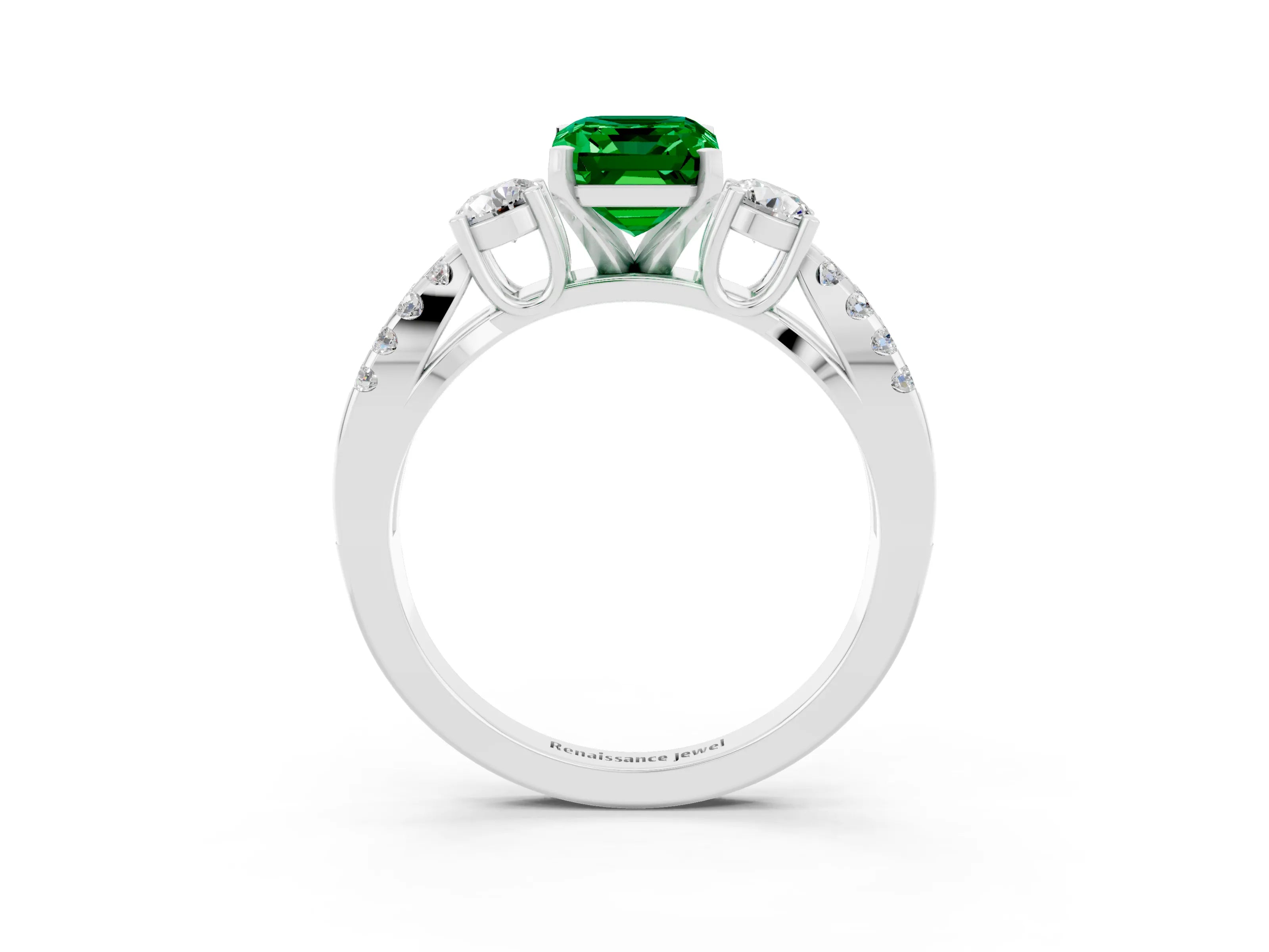 White gold Emerald Cut Emerald Three-Stone Ring with Pavé Split Shank and Four-Prong Setting_3
