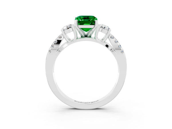 White gold Emerald Cut Emerald Three-Stone Ring with Pavé Split Shank and Four-Prong Setting