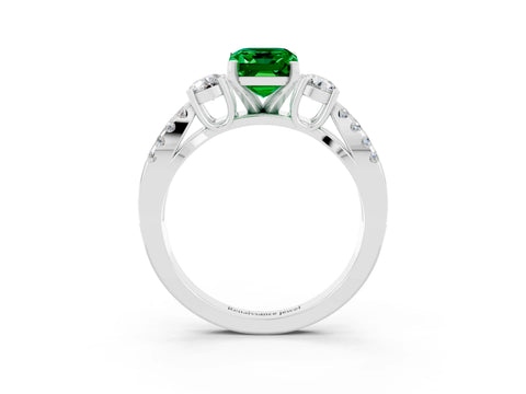 White gold Emerald Cut Emerald Three-Stone Ring with Pavé Split Shank and Four-Prong Setting_3