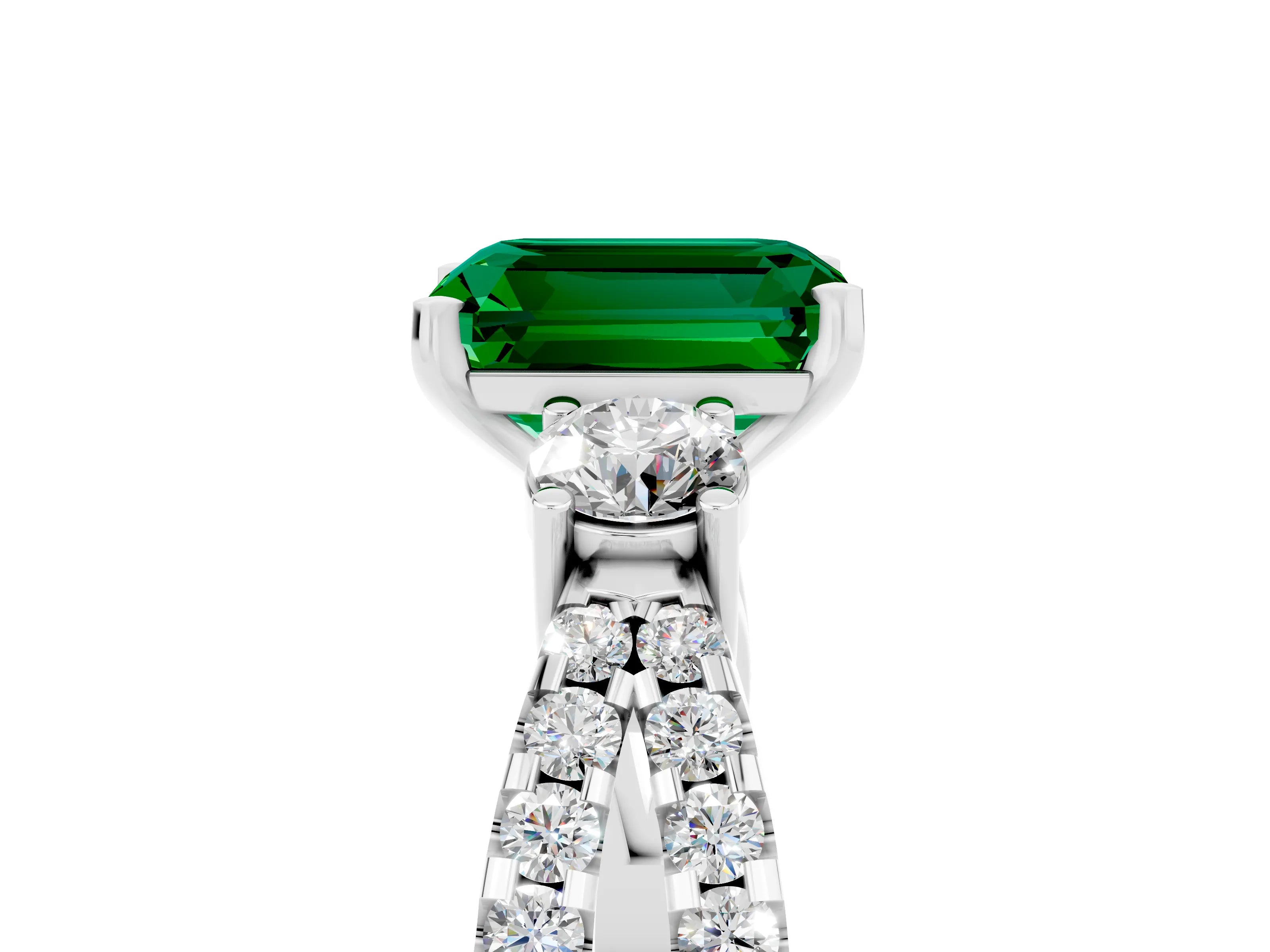 White gold Emerald Cut Emerald Three-Stone Ring with Pavé Split Shank and Four-Prong Setting_5