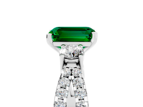 White gold Emerald Cut Emerald Three-Stone Ring with Pavé Split Shank and Four-Prong Setting_5