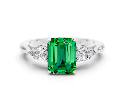 White gold Emerald Cut Emerald Three-Stone Ring with Pear Side Stones and Four-Prong Setting_12